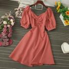 Plain Shirred Puff-sleeve A-line Dress