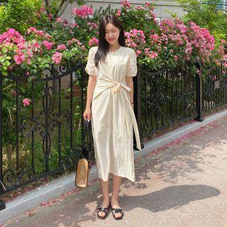 Shirred-sleeve Tie-waist Long Dress