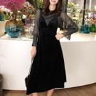 Set: Bell-sleeve Mesh Top + Midi A-line Overall Dress