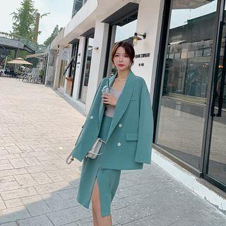 Set: Double-breasted Blazer + Slit Straight-fit Skirt