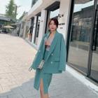 Set: Double-breasted Blazer + Slit Straight-fit Skirt