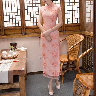 Floral Embroidered Cap Sleeve Qipao
