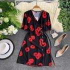 Flower Print Short-sleeve A-line Dress Black - One Size