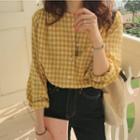Gingham Balloon-sleeve Blouse Yellow - One Size