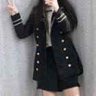 Striped Double-breasted A-line Jacket / High Waist Shorts / Lace Trim Blouse / Set