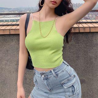 Pearl-strap Knit Halter Top