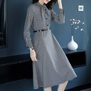 Plaid Bow Accent Long-sleeve Dress