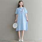 Short-sleeve Embroidered A-line Dress Light Blue - One Size