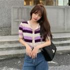 Short-sleeve Striped Button-up Knit Top Purple - One Size
