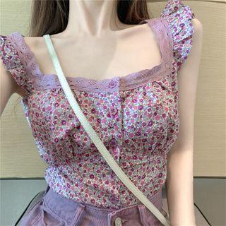 Sleeveless Frill Trim Floral Printed Top
