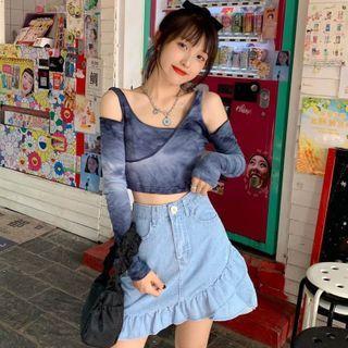 Cold Shoulder Long-sleeve T-shirt / Denim A-line Skirt