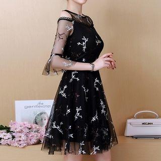 3/4-sleeve Sheer Panel Cutout A-line Dress