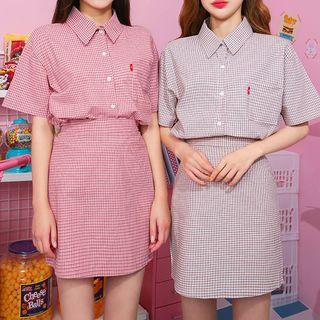 Set: Short-sleeve Checked Shirt + Band-waist Miniskirt