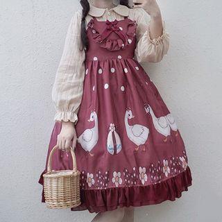 Sleeveless Dotted Printed A-line Dress / Long-sleeve Blouse