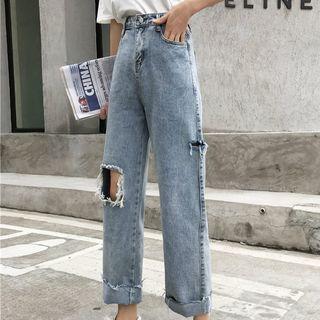 Ripped Denim Wide-leg Pants