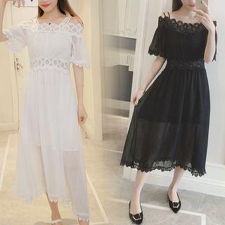 Lace Panel Off-shoulder Short-sleeve Midi A-line Dress