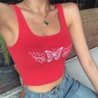 Butterfly Embroidery Ribbed Cropped Tank Top