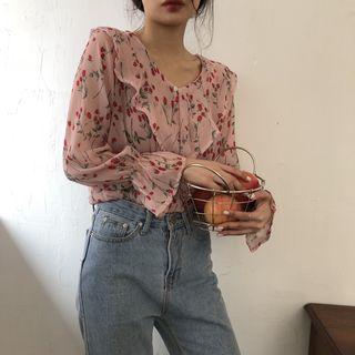 Rose Print Ruffled Blouse Pink - One Size
