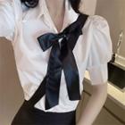 Puff-sleeve Tie-neck Shirt / Mini A-line Skirt / Set