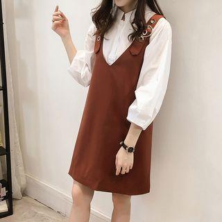 Set: 3/4 Sleeve Shirt + V-neck Pinafore Dress