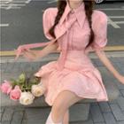 Puff-sleeve Shirt / Neck Tie / A-line Skirt / Set