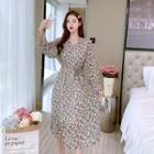Long-sleeve Placket Floral A-line Dress