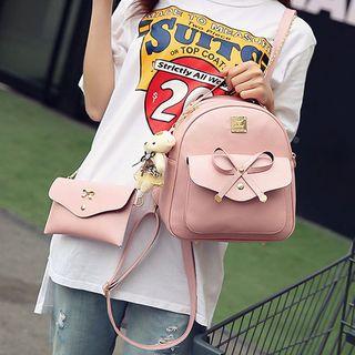 Set: Bow Accent Faux Leather Backpack + Shoulder Bag + Key Pouch