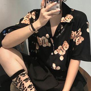 Bear Print Short-sleeve Blouse Black - One Size