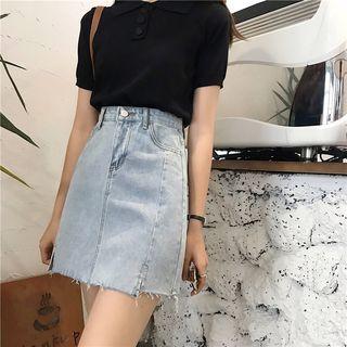 Frayed Slim-fit Denim Skirt