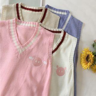 V-neck Pig Embroidered Knit Vest