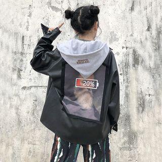 Detachable Hood Print Buttoned Faux Leather Jacket