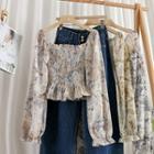 Square Neck Floral Pleated Long-sleeve Blouse