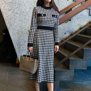 Long-sleeve Knit Houndstooth Midi A-line Dress Houndstooth Knit Dress - One Size
