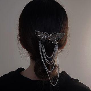 Butterfly Rhinestone Chained Hair Stick Silver - One Size