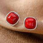 Square Bead Sterling Silver Earring Red Bean Earrings - One Size