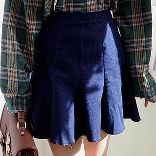 Zip-back Flared Denim Miniskirt