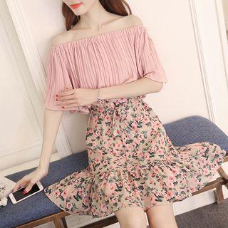 Mock Two-piece Off-shoulder Elbow-sleeve Dress