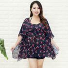 Set: Cherry Print Bikini Top + Swim Shorts + Cover-up