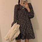 Long-sleeve Floral Loose Fit Dress Dress - One Size