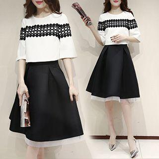 Set: Elbow-sleeve Lace Panel Top + A-line Skirt