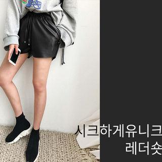 Faux-leather Drawcord-waist Shorts Black - One Size