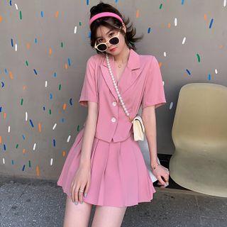 Set Of 2: Short-sleeve Plaid Blazer + High-waist Plaid Pleated Skirt
