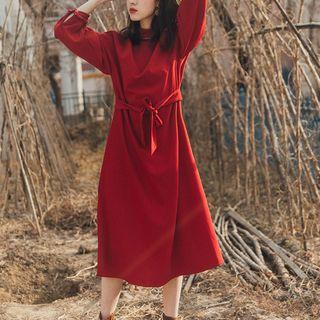 Long-sleeve Tie-front Midi A-line Dress