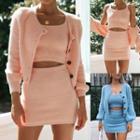 Set: Fleece Cardigan+ Cropped Vest+ Bodycon Skirt