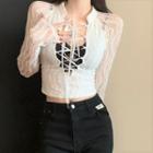 Long-sleeve Lace-up Lace Top / Crop Camisole Top