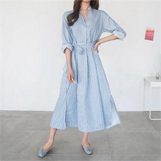 Stripe Maxi Shirtdress & Sash Blue - One Size