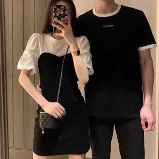 Couple Matching Short-sleeve Lettering T-shirt / Mock Two Piece Mini Dress