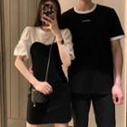 Couple Matching Short-sleeve Lettering T-shirt / Mock Two Piece Mini Dress