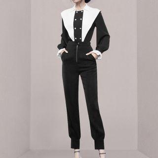 Set: Two-tone Blouse + Cropped Harem Pants