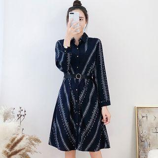 Long-sleeve Patterned A-line Shirt Dress